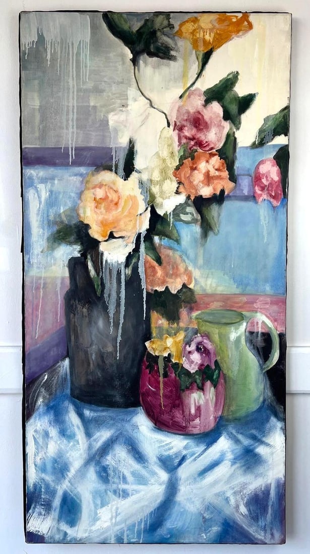 LARGE IMPRESSIONIST STILL LIFE OIL ON CANVAS: This substantial 48" x 24" oil on canvas presents a captivating impressionist still life, featuring a vibrant bouquet of flowers arranged in various vessels. The artist employs expressive brus