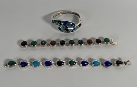 TRIO OF STERLING SILVER AND SEMI-PRECIOUS STONE JEWELRY BRACELETS
