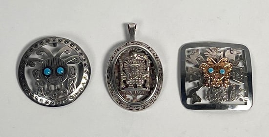 THREE AZTEC MOTIF STERLING SILVER PIECES INCLUDING 18K INLAID PIN