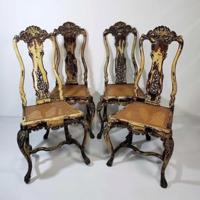 SET OF FOUR ANTIQUE FRENCH REGENCY CANED SEAT CARVED WOOD SIDE CHAIRS