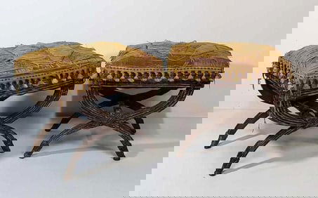 PAIR OF ANTIQUE CARVED PAINT DECORATED TAPESTRY UPHOLSTERED CERULE BENCHES