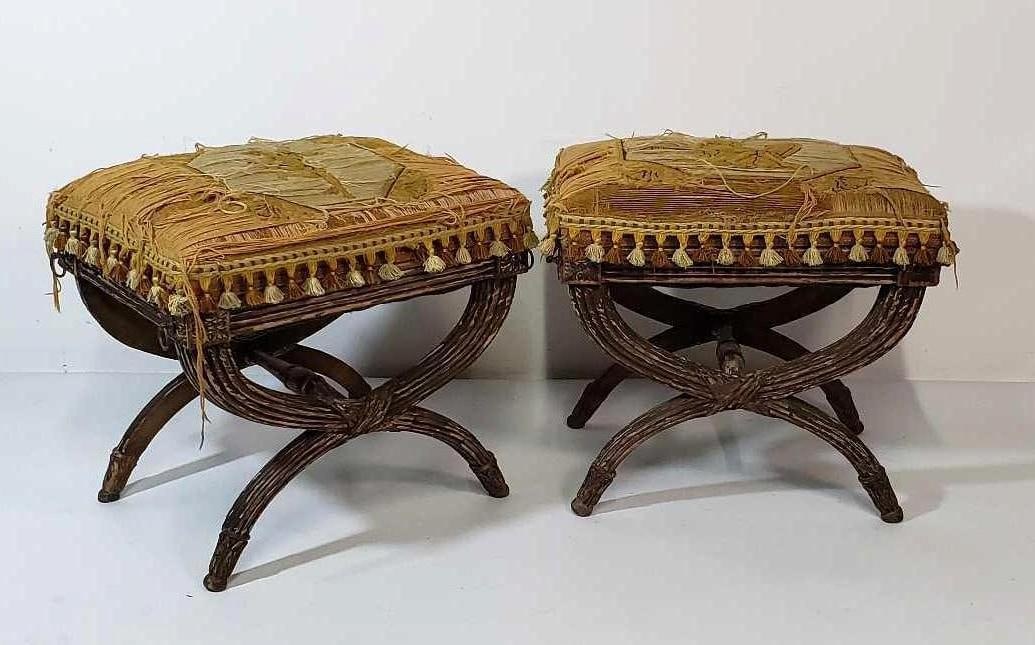 PAIR OF ANTIQUE CARVED PAINT DECORATED TAPESTRY UPHOLSTERED CERULE BENCHES (1 of 13)