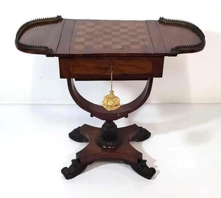 UNIQUE ANTIQUE EMPIRE MAHOGANY INLAID GALLERIED GAME | WORKS TABLE