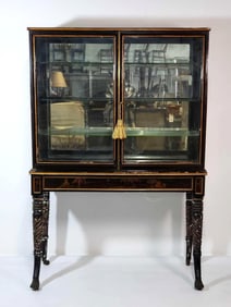 NAPOLEON III CHINOISERIE VITRINE WITH BLACK LACQUER FINISH, TURNED LEGS AND BRASS PAW FEET