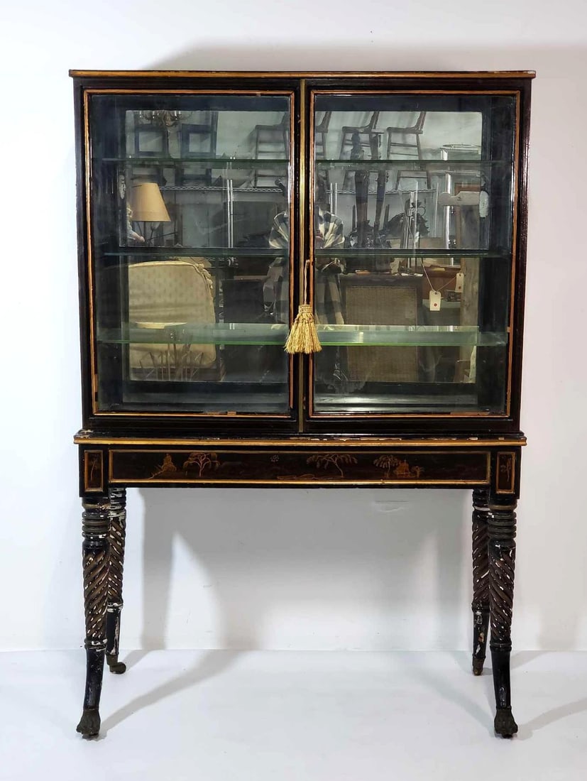 NAPOLEON III CHINOISERIE VITRINE WITH BLACK LACQUER FINISH, TURNED LEGS AND BRASS PAW FEET (1 of 9)