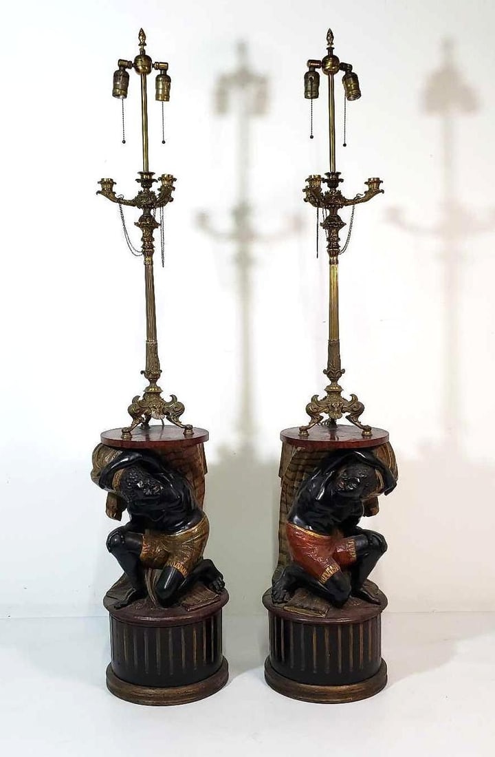 PAIR OF ANTIQUE BRONZE CANDELABRA ON 19TH CENT. MORETTO INGINOCCHIATO CARVED POLYCHROME WOOD STANDS (1 of 15)
