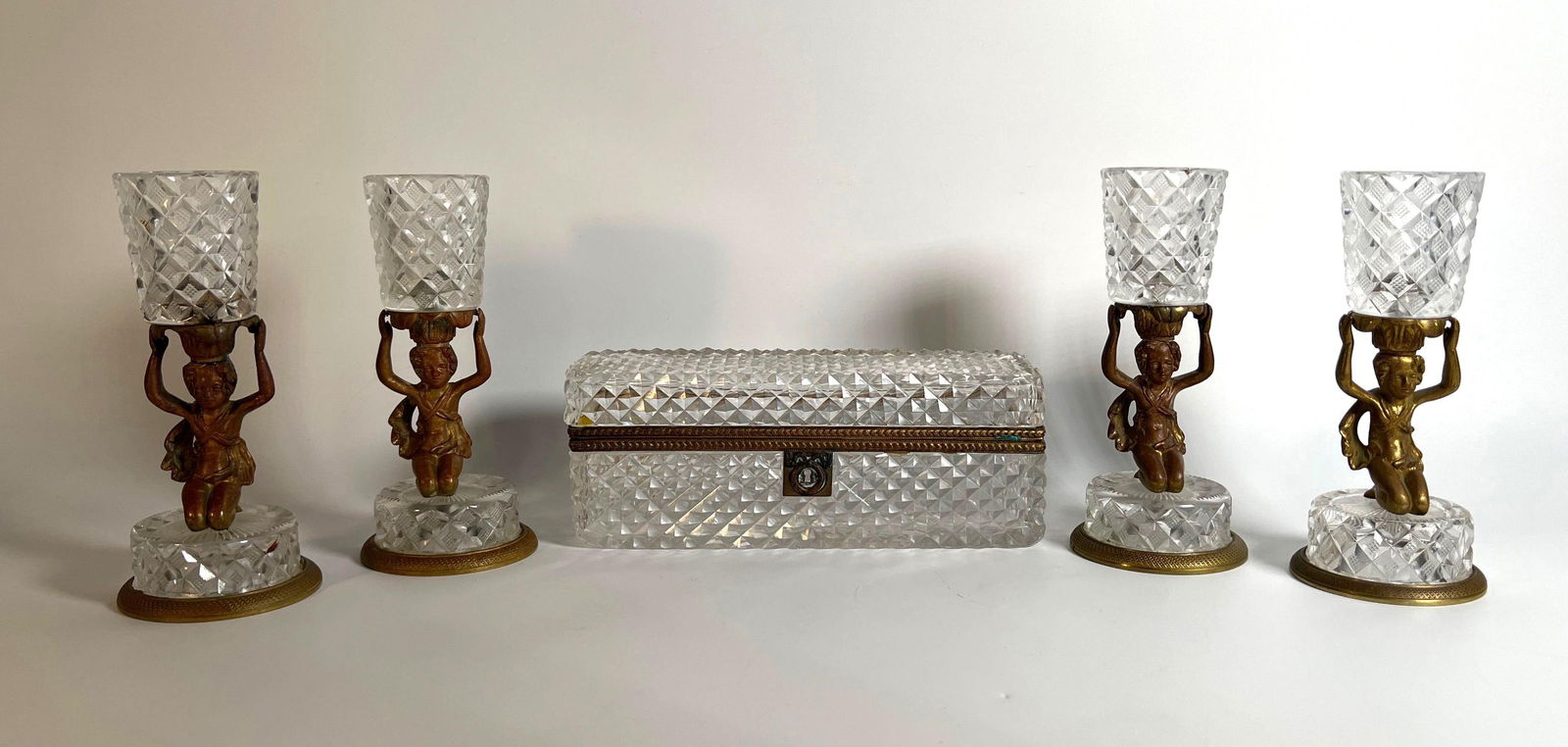 VLAUE LOT: SET FOUR FRENCH CUT GLASS AND BRONZE CHERUB CANDLE STICKS AND CRYSTAL BRONZE BOX (losses) (1 of 8)