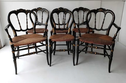 SET OF SIX 19TH CENTURY FRENCH COUNTRY PAINT DECORATED RUSH SEAT CHAIRS