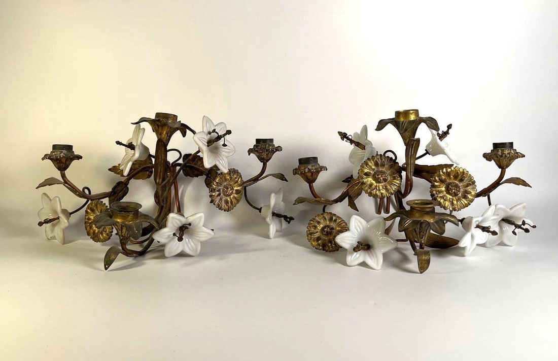 VALUE LOT: ANTIQUE FRENCH FLORAL BRASS SCONCES WITH MILK GLASS FLOWERS (1 of 9)