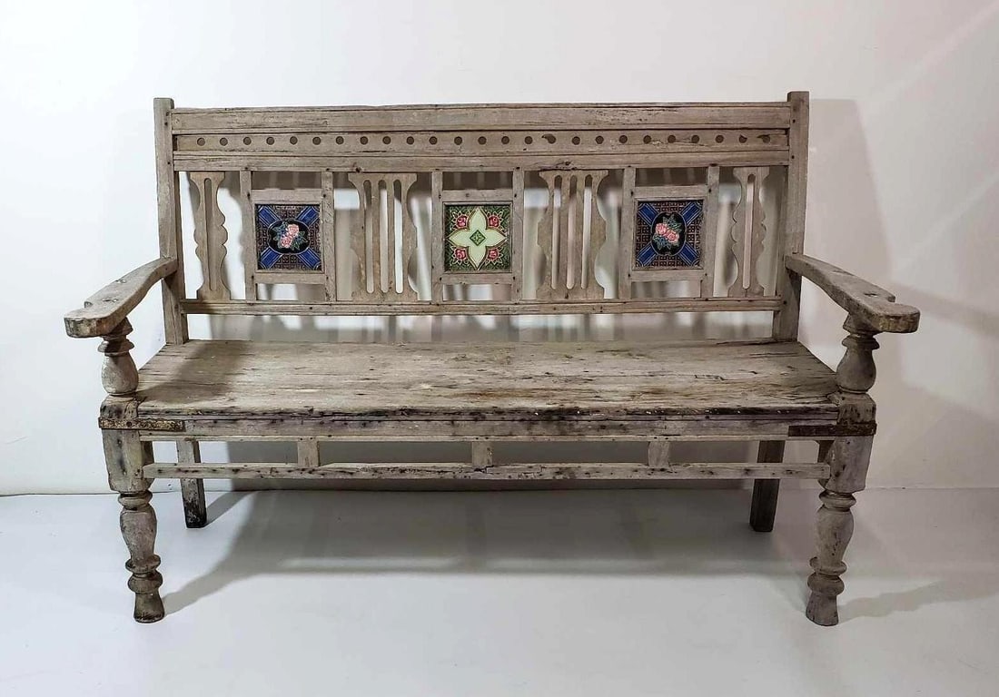 ANTIQUE TEAK ANGLO INDIAN BENCH WITH TILE INSETS (1 of 10)