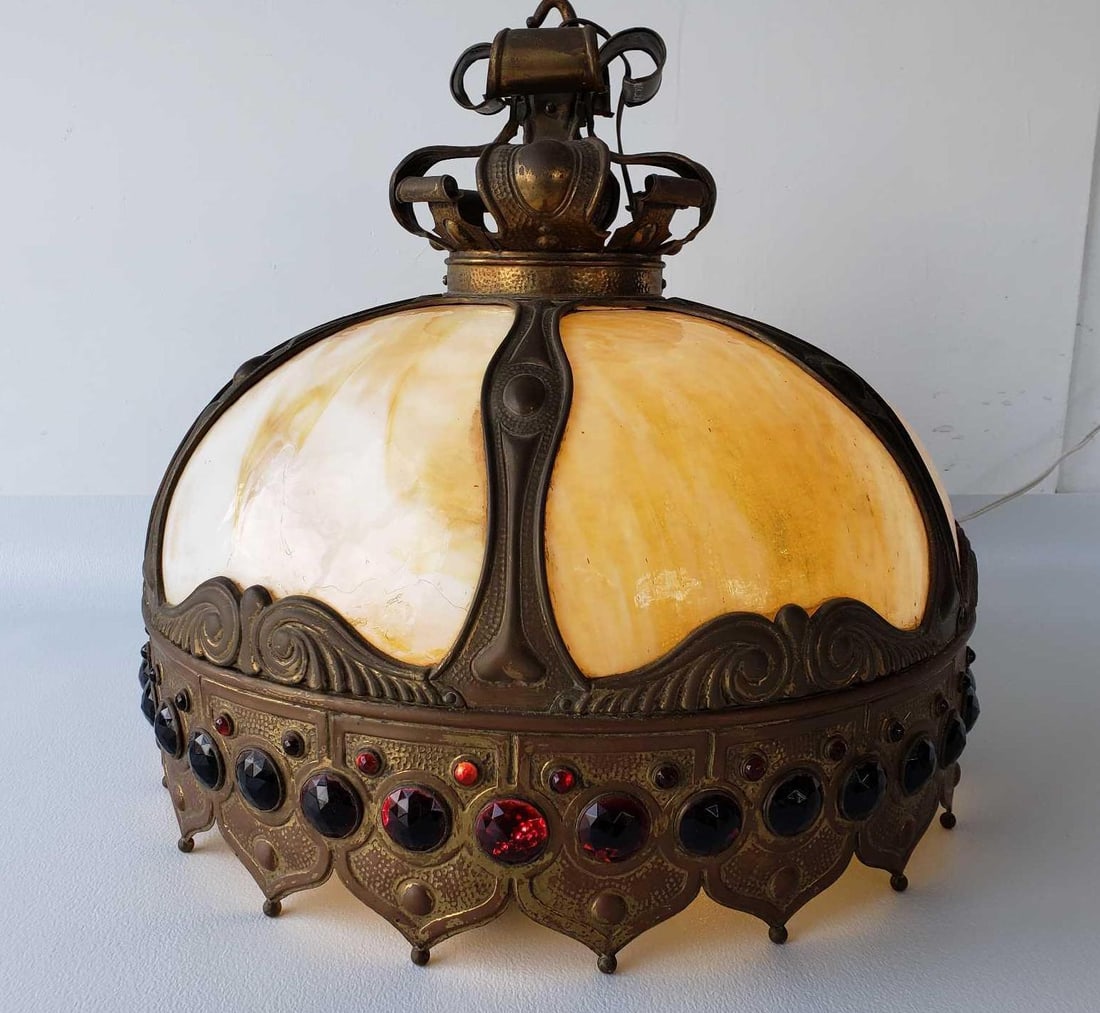 ART NOUVEAU EMBOSSED BRASS, SLAG GLASS AND COLORED GLASS HANGING FIXTURE (1 of 9)