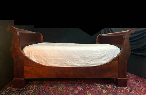 ANTIQUE LOUIS PHILIPPE SLEIGH | BOAT BED: 19th Century antique flame wood curved scroll supports bed. Appeal: French antiques, English antiques, mahogany, walnut, carved wood, day bed, sleigh bed, boat bed.41" H X 87" X 45"