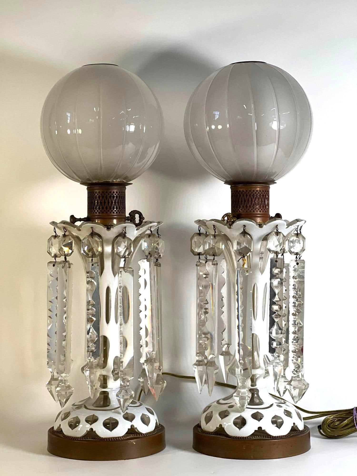 PAIR OF  BOHEMIAN STYLE WHITE OVERLAY GLASS LAMPS WITH CRYSTAL PRISMS & GLOBE SHADES (1 of 9)