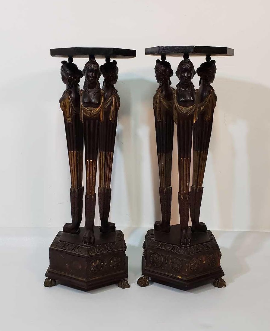 PAIR OF ANTIQUE EMPIRE STYLE FIGURAL CARVED WOOD STANDS (1 of 16)