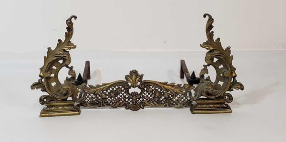 VALUE LOT FRENCH ANTIQUE ROCOCO STYLE SOLID BRASS ANDIRONS WITH ACANTHUS LEAF DETAIL