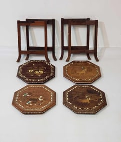GROUP OF FOUR VINTAGE OCTAGONAL BONE INLAID STANDS/ TABLES