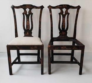 PAIR OF ANTIQUE CHIPPENDALE STYLE CHINOISERIE DECORATED SIDE CHAIRS