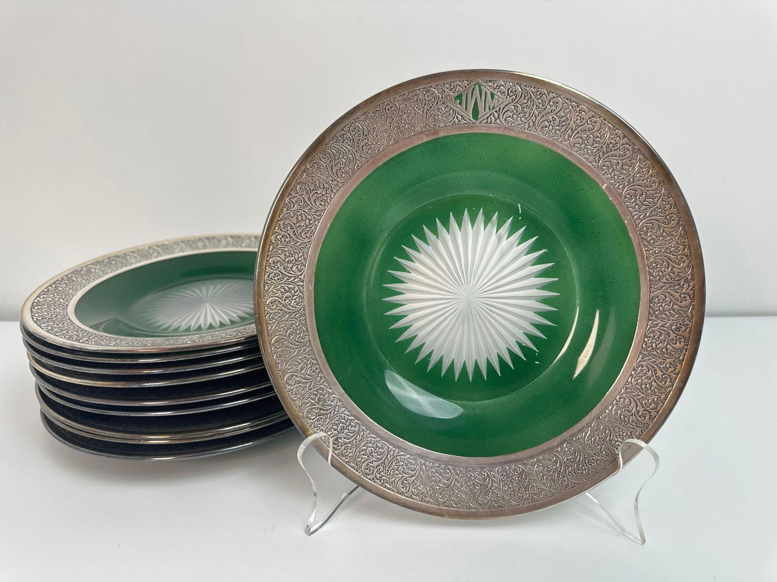 VALUE LOT: SET OF TEN ANTIQUE GREEN CUT TO CLEAR PLATES WITH EMBOSSED TRIM (1 of 7)