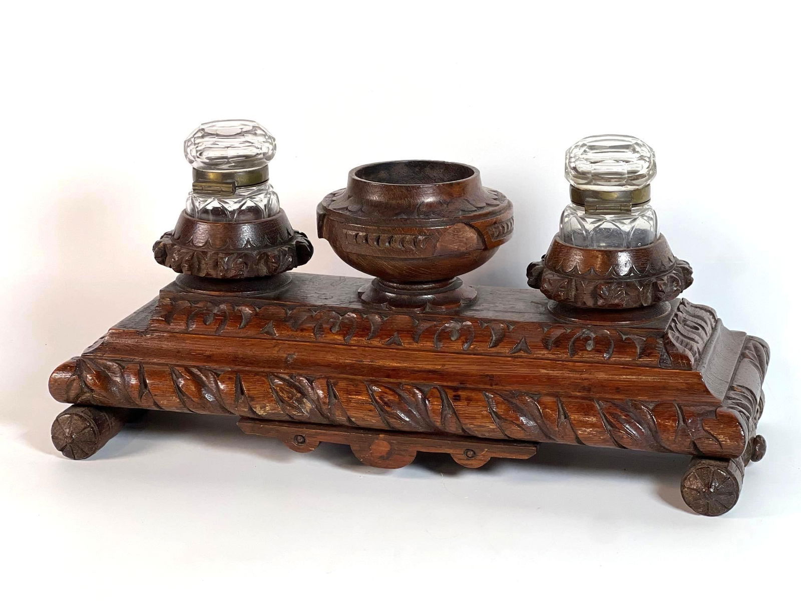 VALUE LOT ANTIQUE HAND CARVED WOODEN INK WELL WITH GLASS JARS (1 of 8)