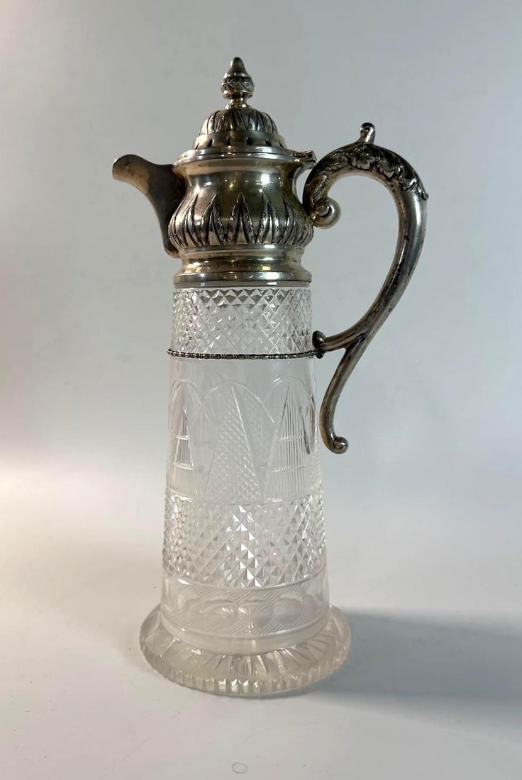 VALUE LOT ANTIQUE FRENCH CRYSTAL PITCHER WITH 800 GERMAN SILVER MOUNTS: This exquisite French crystal pitcher wine or claret jug, standing 13 inches tall, showcases a beautiful blend of cut crystal and 800 German silver mounts, making it a sophisticated addition to any co