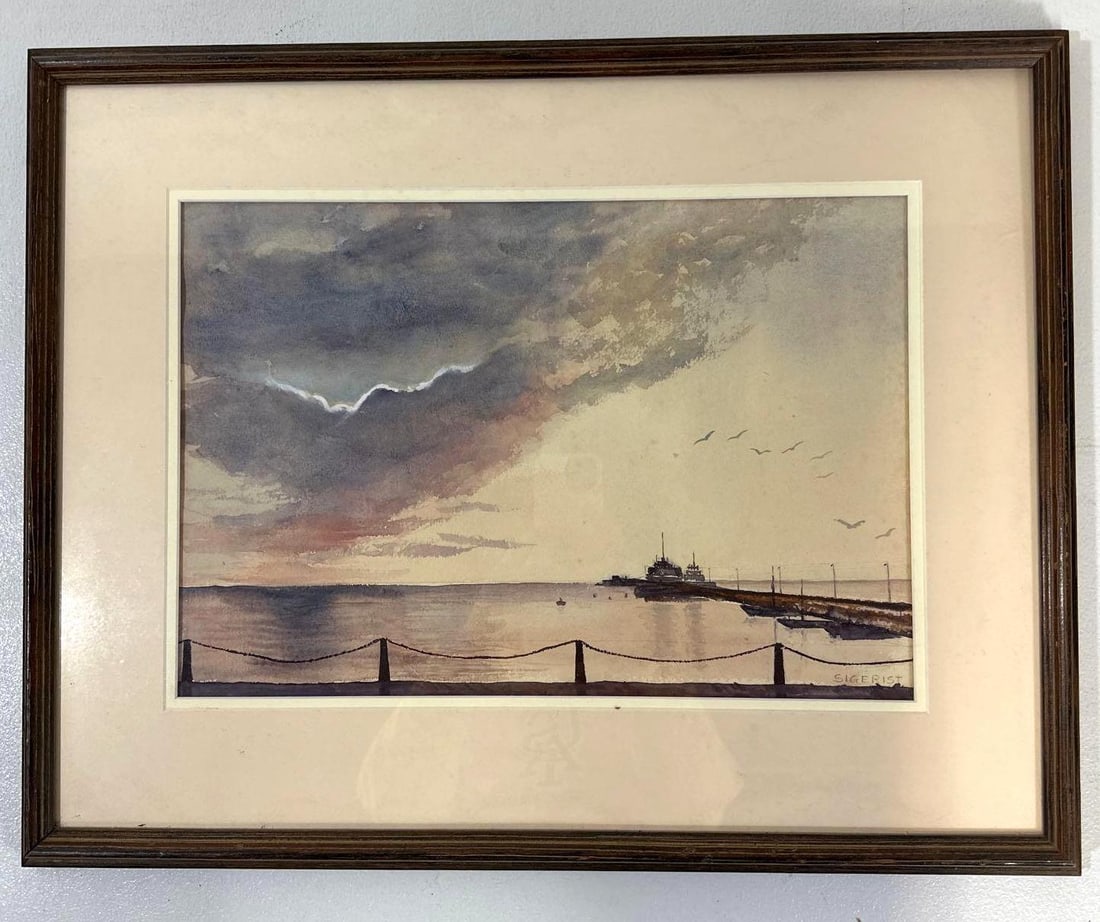 VALUE LOT COASTAL DOCK SCENE WATERCOLOR SIGNED SIGERIST (POSSIBLY FRED SIGERIST) (1 of 3)