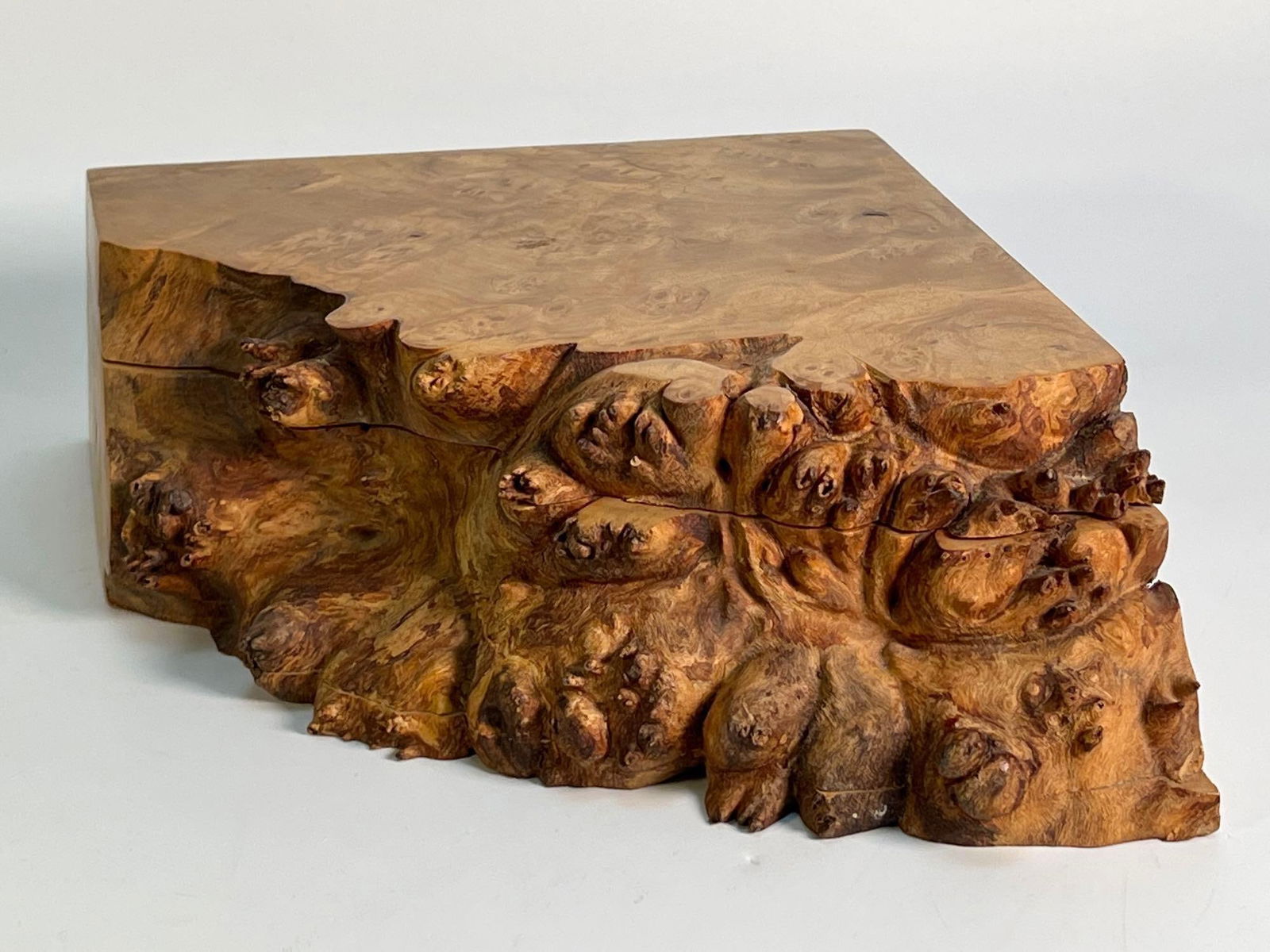 MICHAEL ELKAN CARVED BURLED BIRDSEYE MAPLE BOX: Dimensions: 9.5” x 7.5” x 3” Artist or Maker: Signed Elkan Notes: Although care is taken to photograph and describe the item, absence of a condition report does not imply perfect
