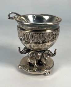 ANTIQUE SILVER SALT CELLAR WITH ELEPHANTS AND SPOON