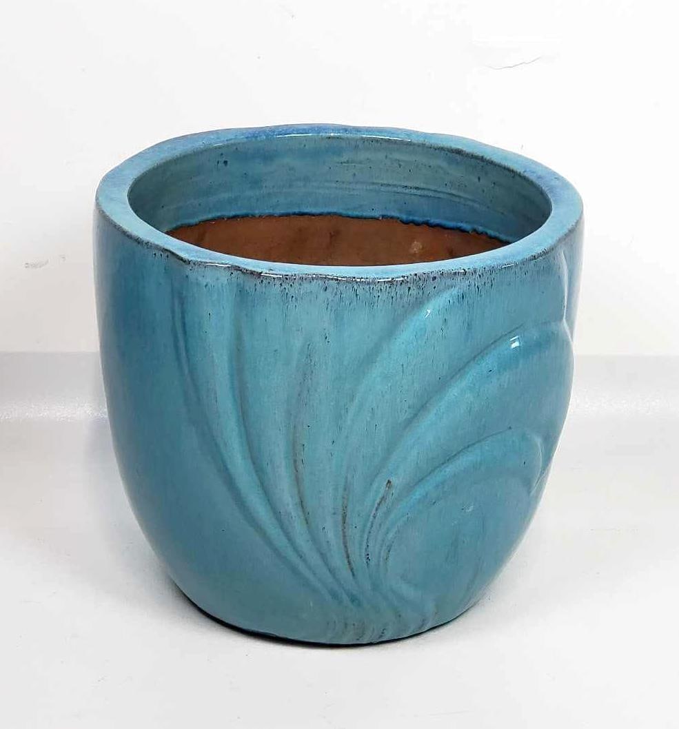 LARGE BLUE ART NOUVEAU GLAZED TERRACOTTA PLANTER (1 of 8)