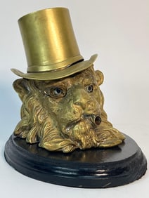 ANTIQUE GILT BRONZE LION WITH TOP HAT INKWELL