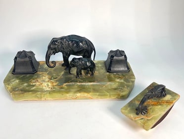 MARBLE ART DECO INKWELL DESK DESK SET WITH ELEPHANTS
