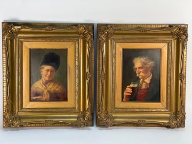PAIR OF VINTAGE FRAMED OIL PAINTINGS: ELDERLY WOMAN IN BONNET & MAN WITH BEER MUG