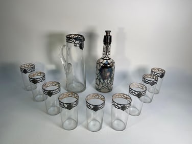ART NOUVEAU STYLE DECANTER SET WITH SILVER OVERLAY & GLASSES