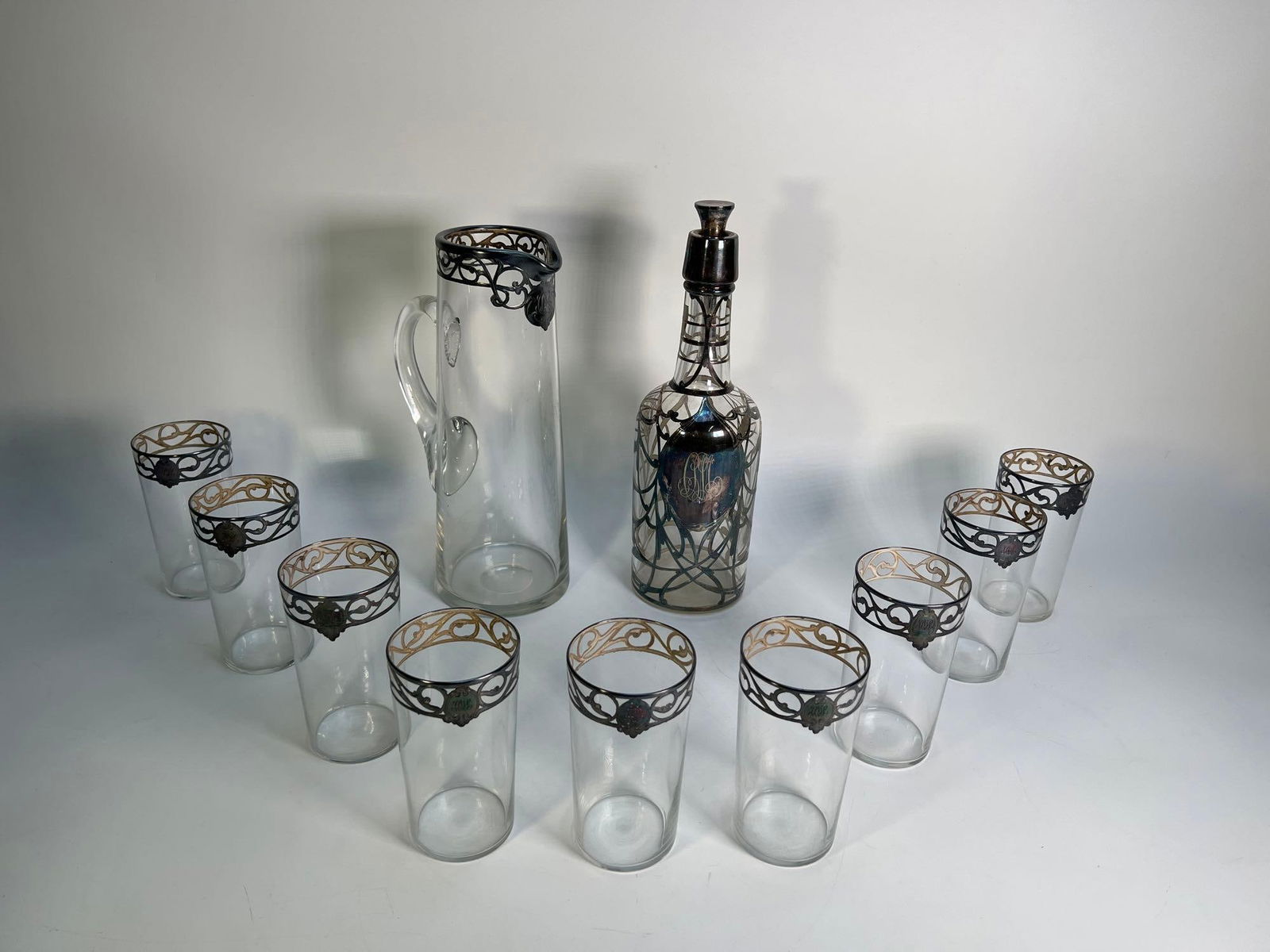 ART NOUVEAU STYLE DECANTER SET WITH SILVER OVERLAY & GLASSES (1 of 11)