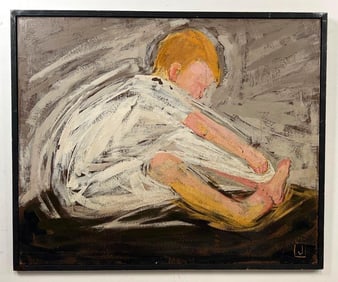 JANNA GOODSPEED "LITTLE BOY IN A BIG SHIRT" OIL ON BOARD PAINTING (1960'S)