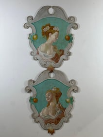 PAIR OF VINTAGE CAROUSEL CARTOUCHE DECOR PANELS | PAINTING OF MAIDENS ON BOARD