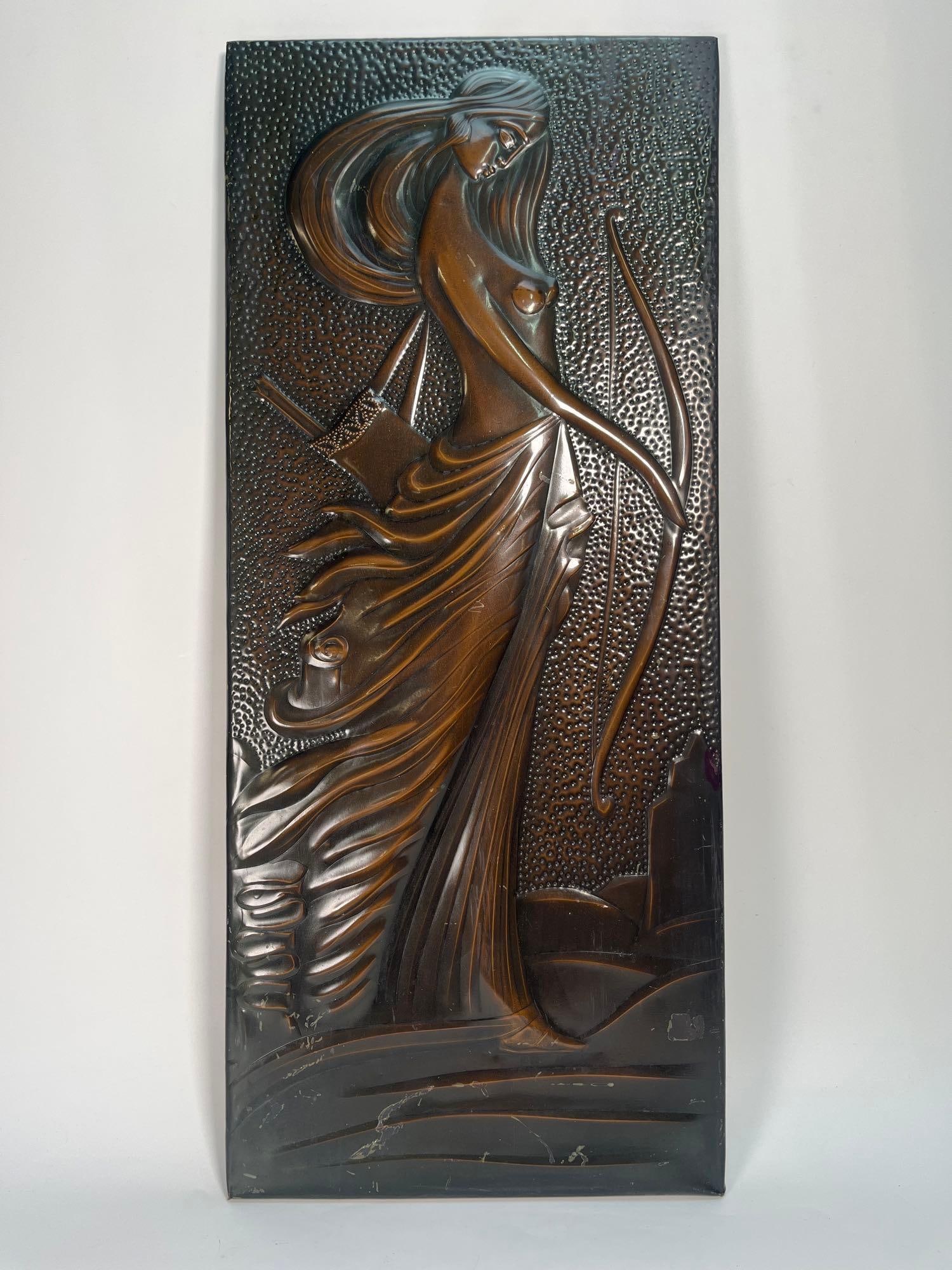 ART DECO STYLE SOVIET ARMENIAN MIDCENTURY METAL WALL PLAQUE OF THE GODDESS DIANA (1 of 5)