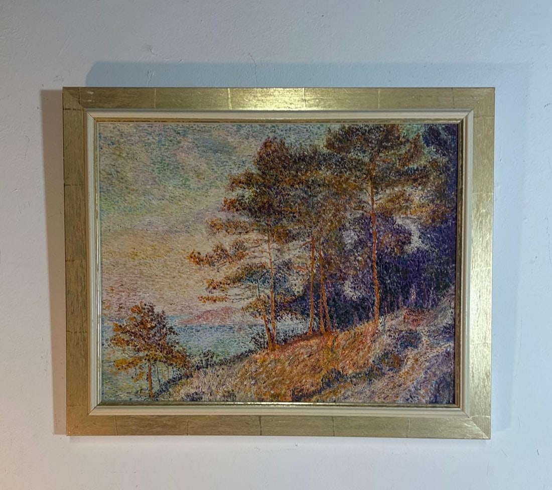 POINTILLIST STYLE PAINTING | AFTER SEURAT: A framed painting in the Pointillist style, reminiscent of Georges Seurat's work, depicts a landscape with trees along a shore, rendered using distinct dots of color. Dimensions: 17.25" X 21.25" Art