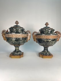 PAIR OF LOUIS XVI STYLE MARBLE & ORMOLU MOUNTED COVERED URNS