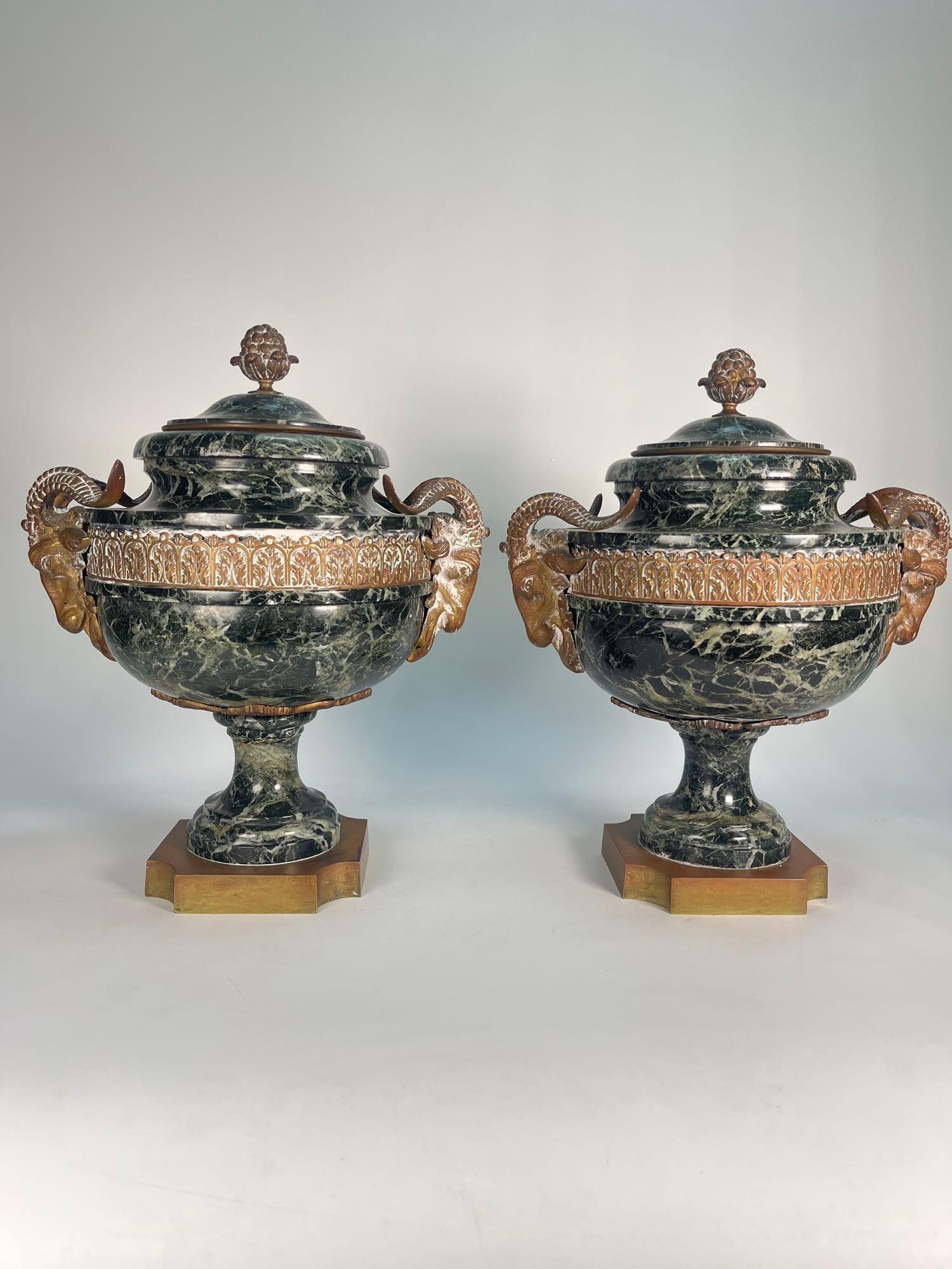 PAIR OF LOUIS XVI STYLE MARBLE & ORMOLU MOUNTED COVERED URNS (1 of 7)