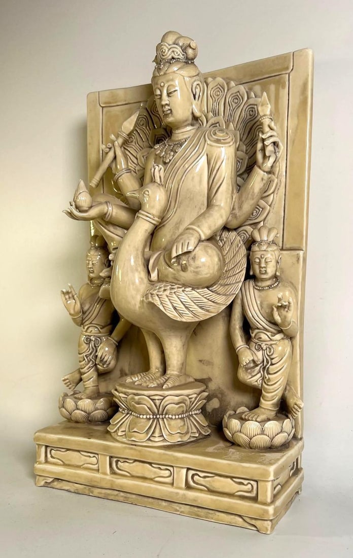 VALUE LOT ASIAN PORCELAIN RELIEF PLAQUE OF A MULTI-ARMED BODHISATTVA ON PEACOCK THRONE (1 of 12)