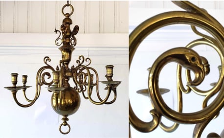 BRASS WILLIAMSBURG CHANDELIER WITH FLAMINGO AND FLOWER DETAIL