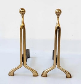 PAIR OF NANCY RUBEN MODERNIST FIGURAL BRASS & IRON ANDIRONS for Craig Van Den Brulle