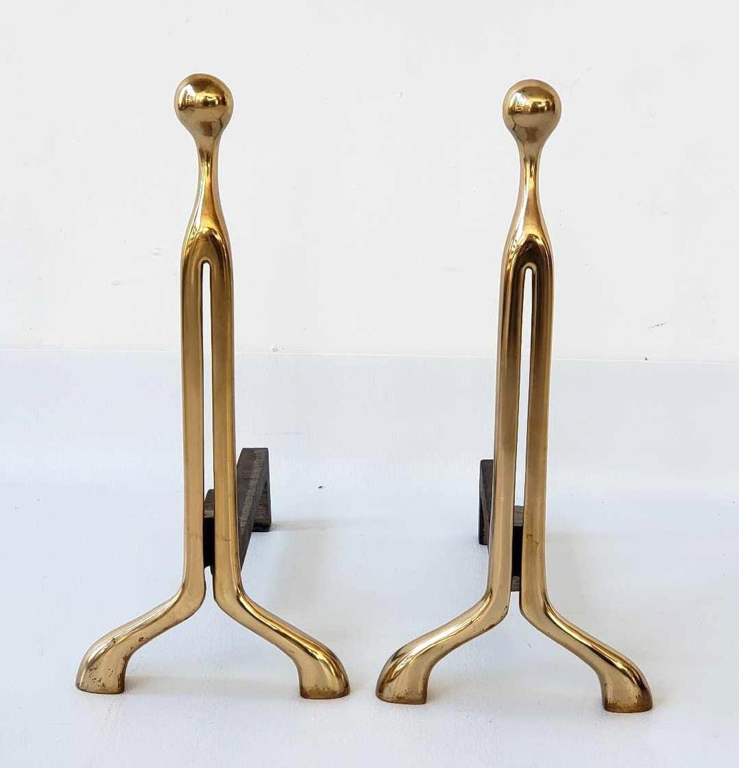PAIR OF NANCY RUBEN MODERNIST FIGURAL BRASS & IRON ANDIRONS for Craig Van Den Brulle (1 of 10)