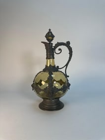 ANTIQUE ORNATE BOHEMIAN CAGED YELLOW GLASS DECANTER
