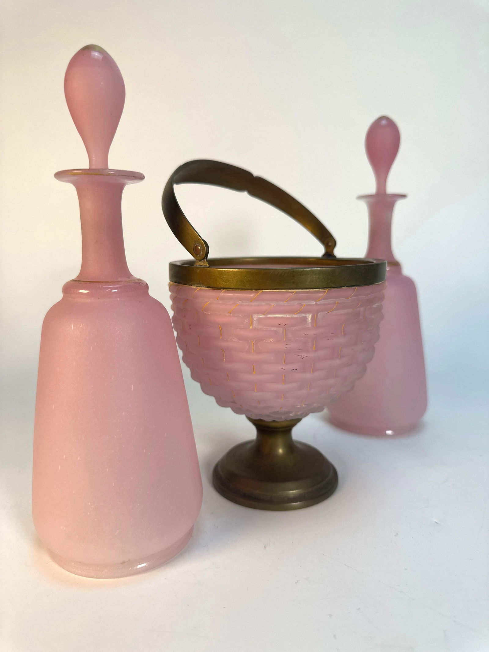 TRIO OF VINTAGE PINK SATIN GLASS VESSELS (1 of 7)