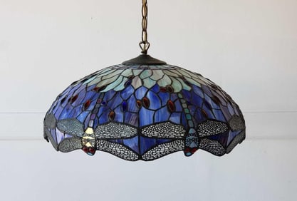 TIFFANY STYLE VINTAGE LEADED GLASS  CHANDELIER WITH DRAGONFLY MOTIF