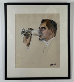 RENE ROBERT BOUCHE MAN DRINKING FROM GLASS, FRAMED MIXED MEDIA