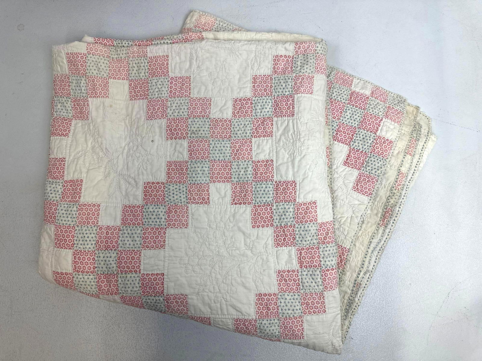 ANTIQUE QUILT, DOUBLE IRISH CHAIN. DATED 1842. 90" X 90" SQUARE. (1 of 6)
