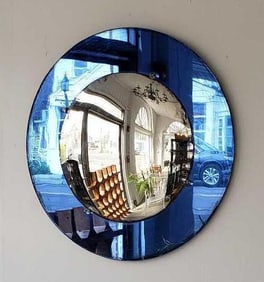 MID CENTURY BLUE MIRROR FRAMED CONVEX MIRROR