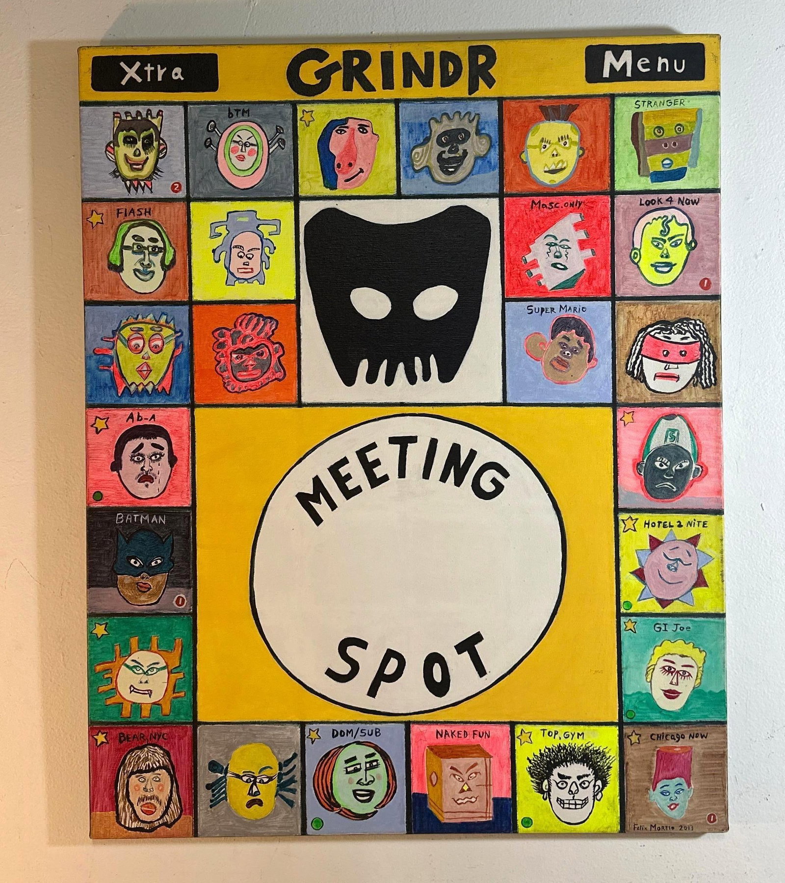 GRINDR BY FELIX MORELO 2013 ACRYLIC: A pop art painting centered on a popular dating ap. Artist: Felix Morelo Dimensions: 30" x 24" Notes: Although care is taken to photograph and describe the item, absence of a condition report does not